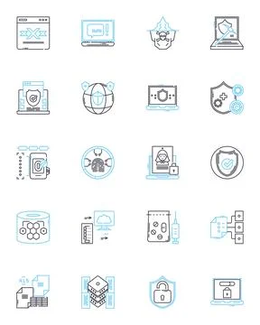 Digital defense linear icons set. Cybersecurity, Encryption, Firewall, Malware Stock Illustration