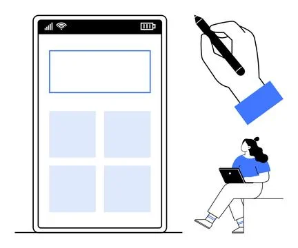 Digital Design and Development Concept with Mobile Interface, Hand Drawing .. Stock Illustration