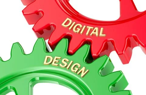 Digital Design concept with colored gearwheels. 3D rendering Stock-Illustration