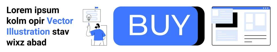 Digital design elements include a designer at work, a prominent blue BUY butt 스톡 일러스트