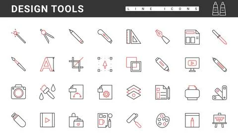 Digital design tools thin red and black line icons set, cursor manipulation Stock Illustration