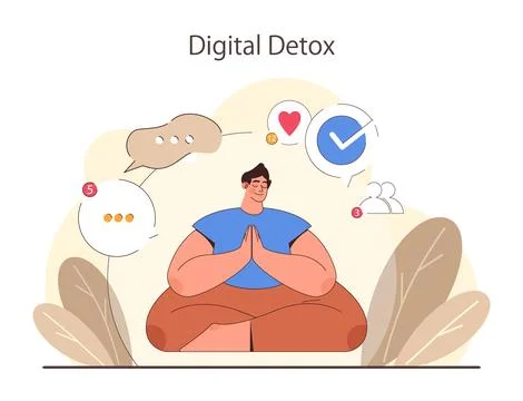 Digital detox. Character practicing mindfulness, reducing screen time Illustrazione stock