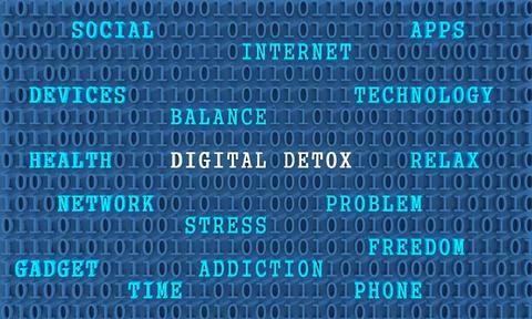 Digital detox concept. Words cloud inside machine code. 3D render Stock Illustration