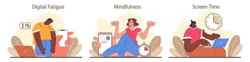 Digital detox set. Characters practicing mindfulness, reducing screen Illustrazione stock