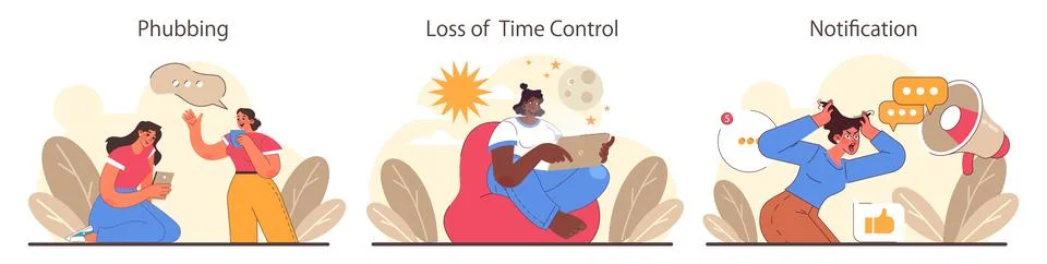 Digital detox set. Characters practicing mindfulness, reducing screen Illustrazione stock
