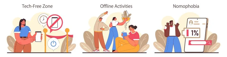 Digital detox set. Characters practicing mindfulness, reducing screen Illustrazione stock
