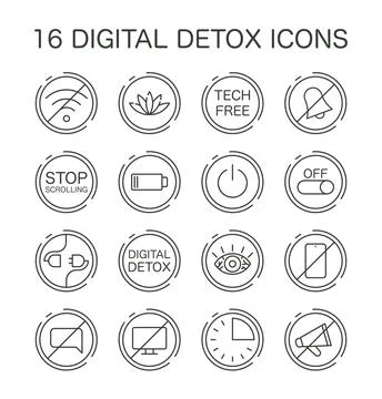 Digital detox set. Characters practicing mindfulness, reducing screen Illustrazione stock