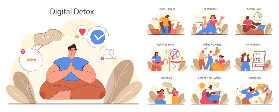Digital detox set. Characters practicing mindfulness, reducing screen Illustrazione stock