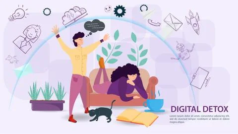 Digital detoxification banner concept for web and mobile sites a Man protects Stock Illustration