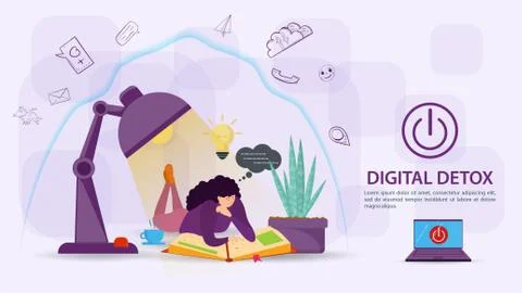 Digital detoxification banner concept for web and mobile sites Girl under a l Stock Illustration