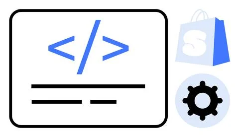 Digital Development and E-commerce Concept with Coding and Shopping Bag Illustrazione stock