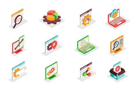 Digital development and SEO concept 3d isometric icons set. Bundle elements of Stock Illustration