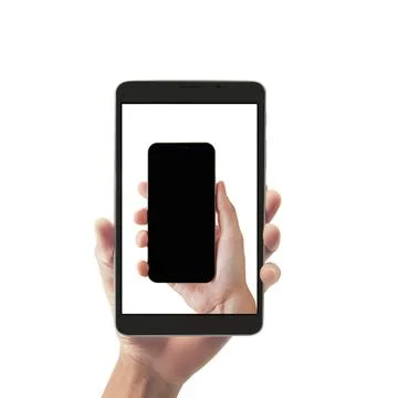 Digital Device Inception: Tablet Screen Displaying Hand Holding a Smartphone Stock Photos