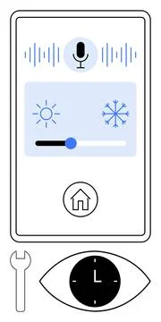 Digital device screen with microphone, climate control slider, home icon, wre Stock Illustration