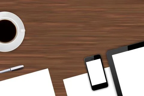 Digital devices and blank papers with coffee Stock Illustration