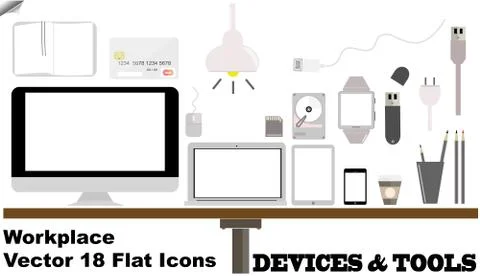 Digital Devices and Workplace tools : 18 Flat Vector Illustration Illustrazione stock