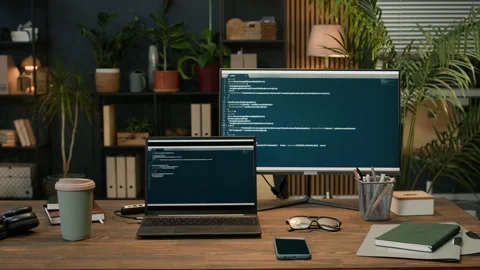 Digital Devices with Coding Screens at Modern Office Space Stock Footage 302889010