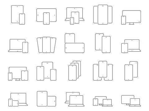 Digital Devices Icons Set. Device Screen, Laptop, Tablet. Editable Stroke Stock Illustration