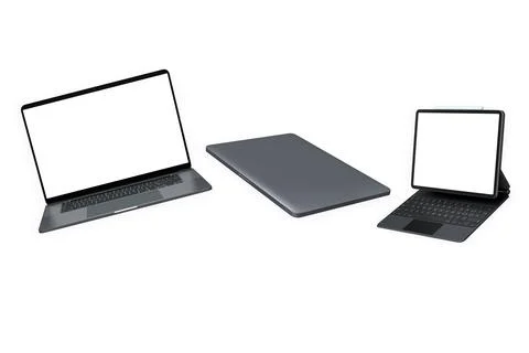 Digital devices including computer, laptop, tablet and graphic pad isolated.. Stock Photos
