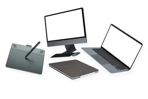 Digital devices including computer, laptop, tablet and graphic pad isolated.. Stock Photos