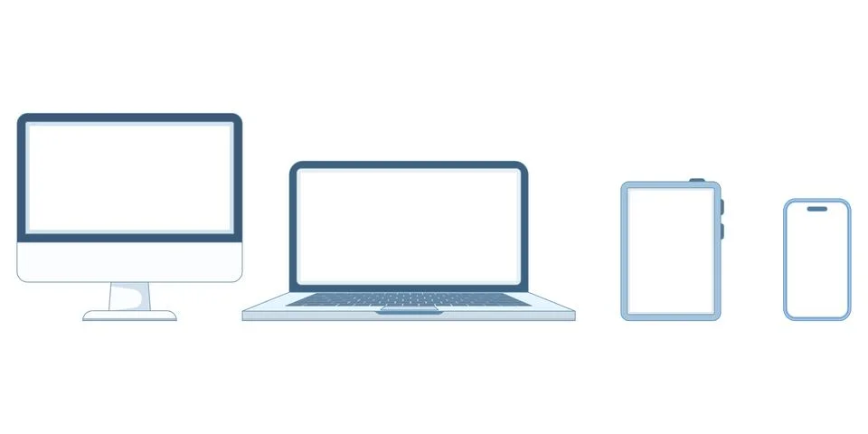 Digital devices including desktop computer, laptop, tablet, and smartphone icons Stock Illustration