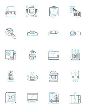 Digital devices linear icons set. Smartph, Tablet, Laptop, Desktop, Camera Illustrazione stock
