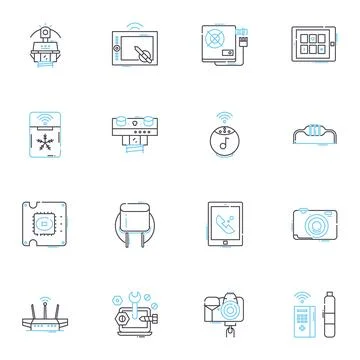 Digital devices linear icons set. Smartph, Tablet, Laptop, Desktop, Camera Stock Illustration