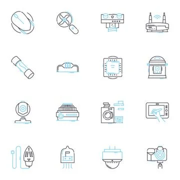 Digital devices linear icons set. Smartph, Tablet, Laptop, Desktop, Camera Illustrazione stock