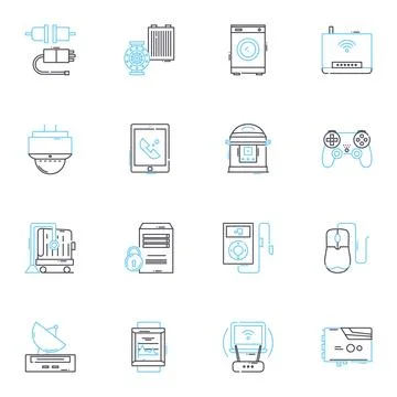 Digital devices linear icons set. Smartph, Tablet, Laptop, Computer, Camera Stock Illustration