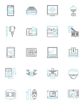Digital devices linear icons set. Smartph, Tablet, Laptop, Computer, Camera Stock Illustration