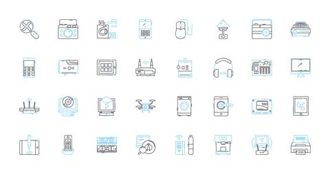 Digital devices linear icons set. Smartph, Tablet, Laptop, Computer, Camera Stock Illustration