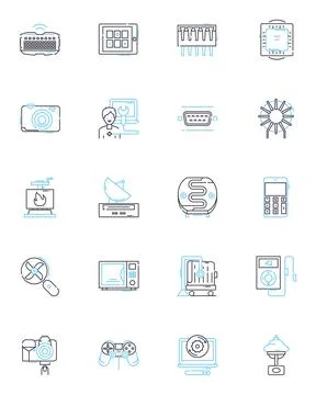 Digital devices linear icons set. Smartph, Tablet, Laptop, Desktop, Camera Stock Illustration