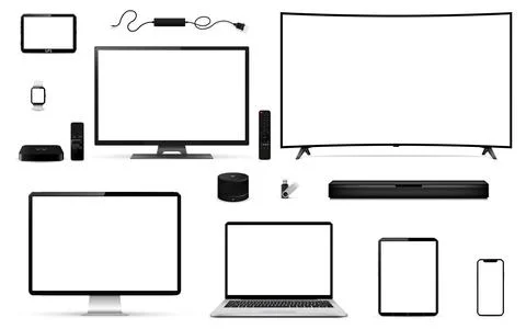 Digital devices set include tv, computer, laptop, tablet, smartphone, and m.. Stock Illustration