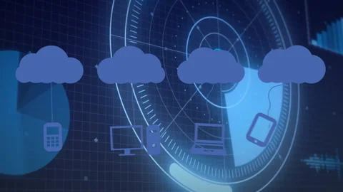 Digital devices showcasing cloud computing concept with futuristic technology Stock Footage 303555748
