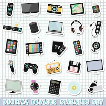 Digital devices, technology and media gadgets stickers set isolated Illustrazione stock