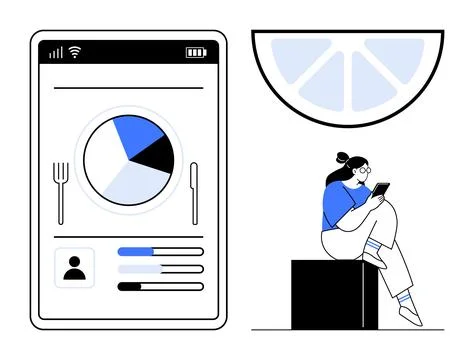 Digital diet tracker app interface with pie chart, utensils, and user details Stock Illustration