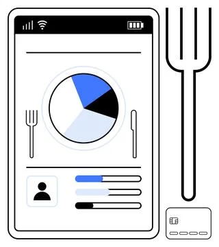 Digital Dining Experience Tablet with Food Chart, Cutlery, and Credit Card Stock Illustration