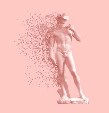 Digital Disintegration Of Sculpture David With VR Glasses On Pink Background Stock Illustration