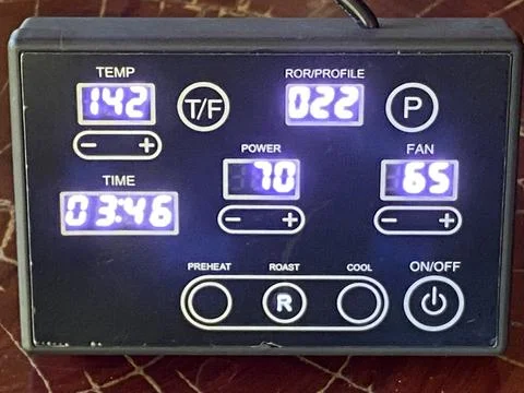 Digital display of the automatic coffee roaster showing the temperature Stock Photos