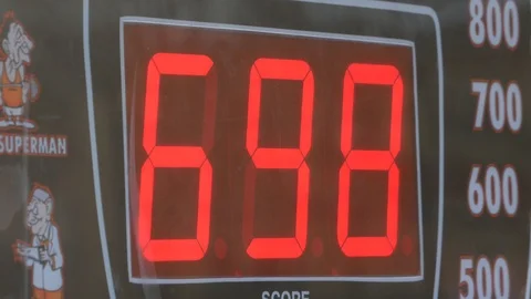 Digital display of classic carnival fair arcade red electronic punching boxer Video stock 100192178