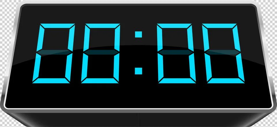Digital display clock with turquoise segments against a dark background rea.. Stock Illustration