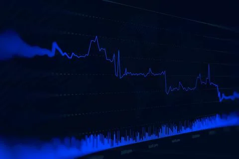 Digital display of a declining financial chart with candlestick patterns and  Stock Photos
