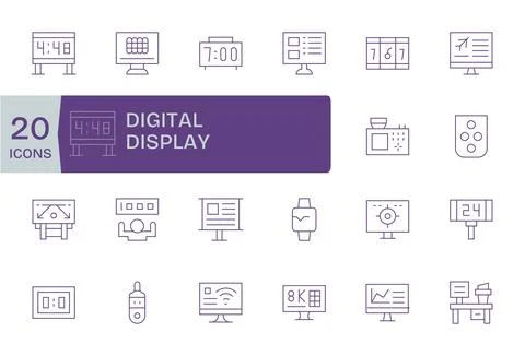 Digital Display Design Vector Icons featuring 20 Editable Thin Line Style Stock Illustration