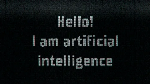 Digital display with "Hello! I am artificial intelligence" with a glitch effect. Stock Footage 235546628