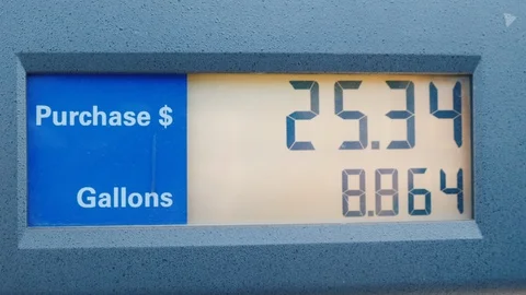 Digital display with indicators of gasoline volume and value in US dollars Stock Footage 117669229