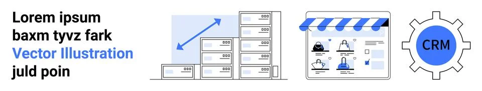 Digital display showcasing graph of warehouse expansion upward, storefront in Illustrazione stock