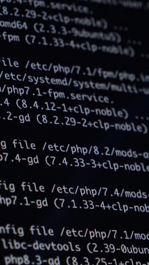 Digital display showing complex programming code, including config file and.. Stock Footage 320174341