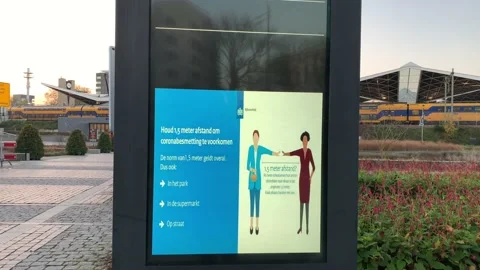 Digital display shows corona virus prevention and social distancing rules Stock-Footage 145232132