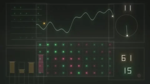 Digital display shows data with graphs and numbers in dark Stock Footage 339489551