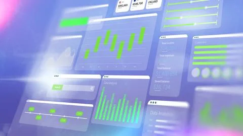 A digital display shows various charts and graphs for business data with input Stock Illustration